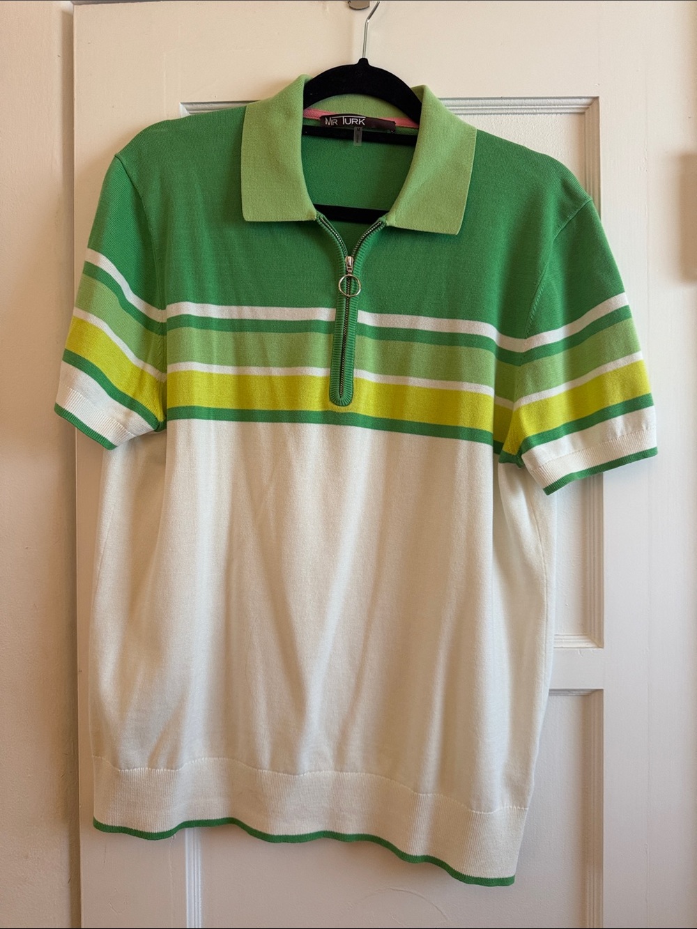 Mr Turk Green & White Striped Zip Polo
